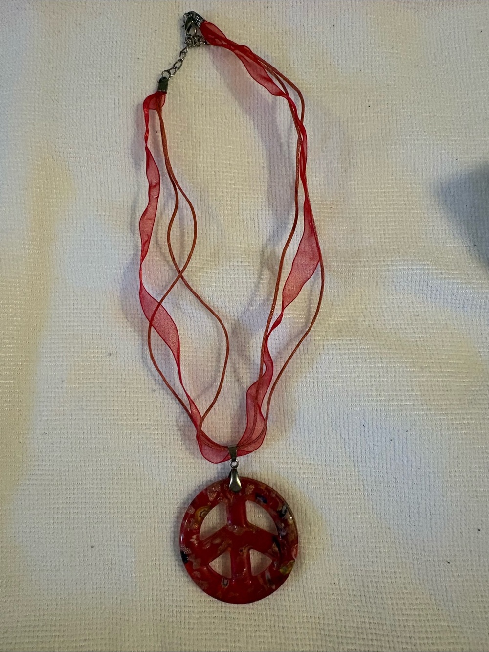 Red Peace Sign Pendant Necklace - Multi-Strand Organza Ribbon